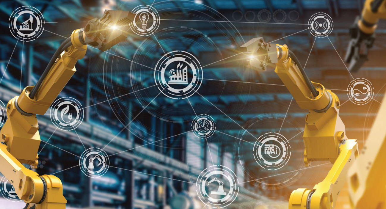Yellow industrial robotic arms with connected manufacturing and engineering icons overlaid
