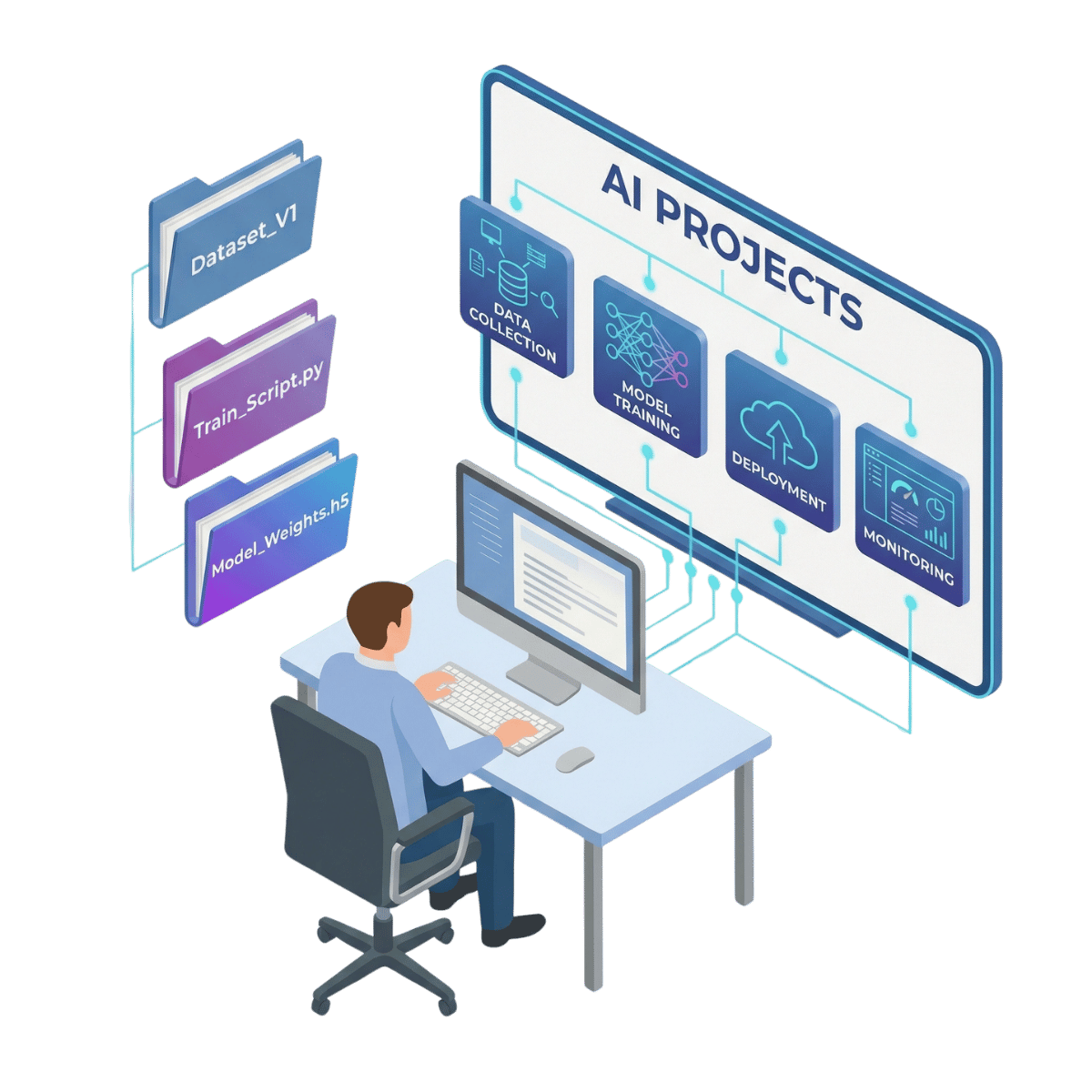 AI project workflow connecting data, training, deployment and monitoring.