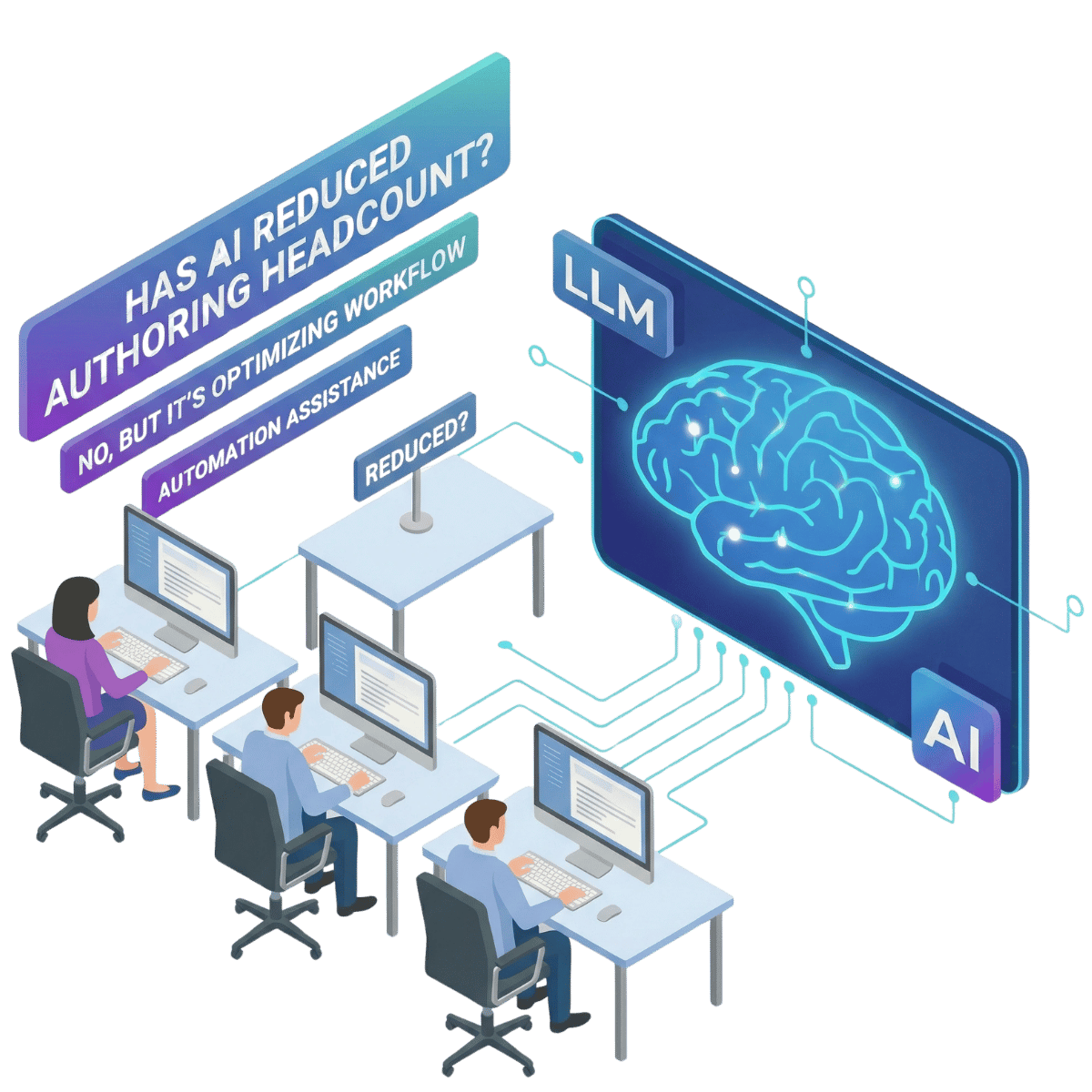 People at desks connected to an AI system beside an empty workstation.