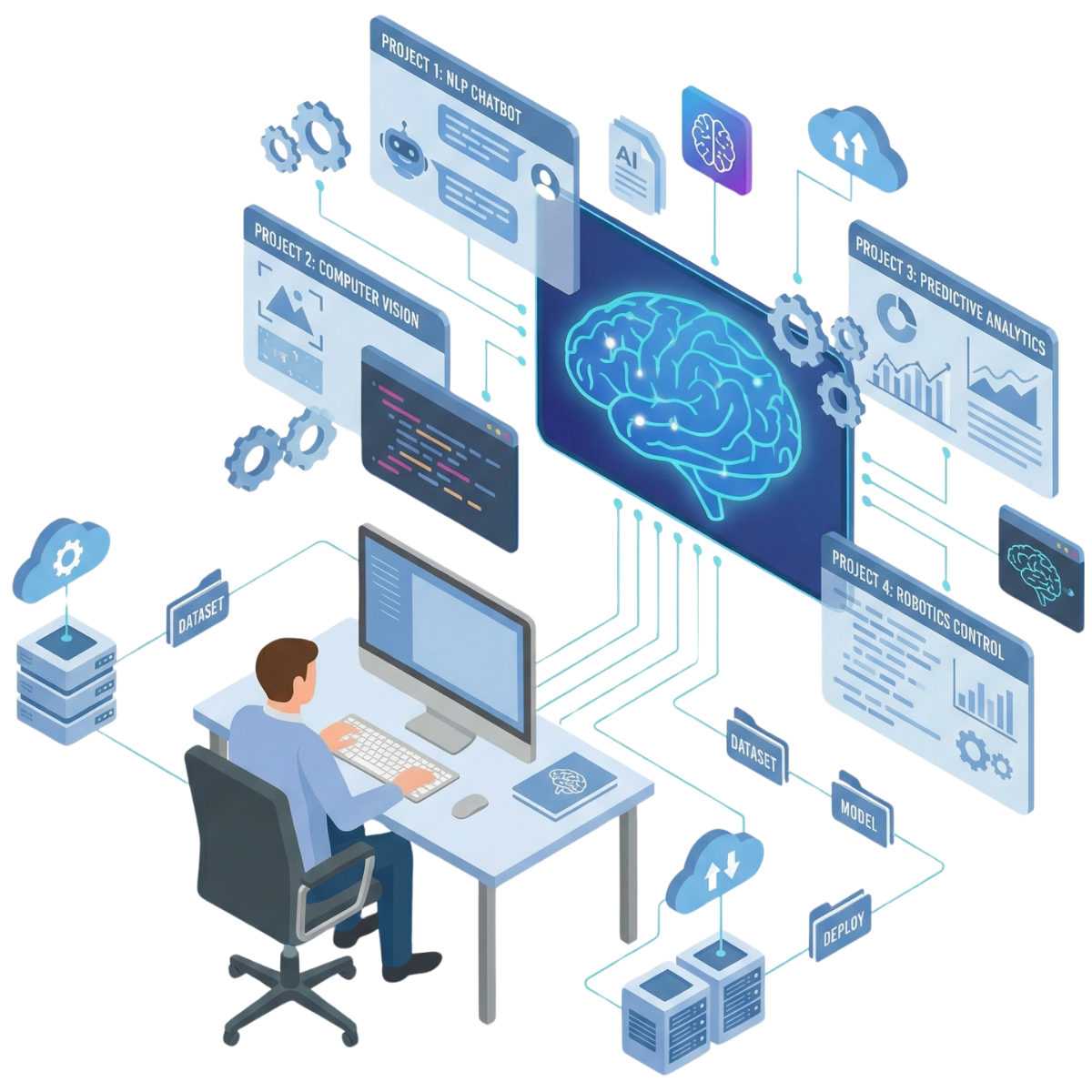 An AI project workspace with dashboards and data sources.