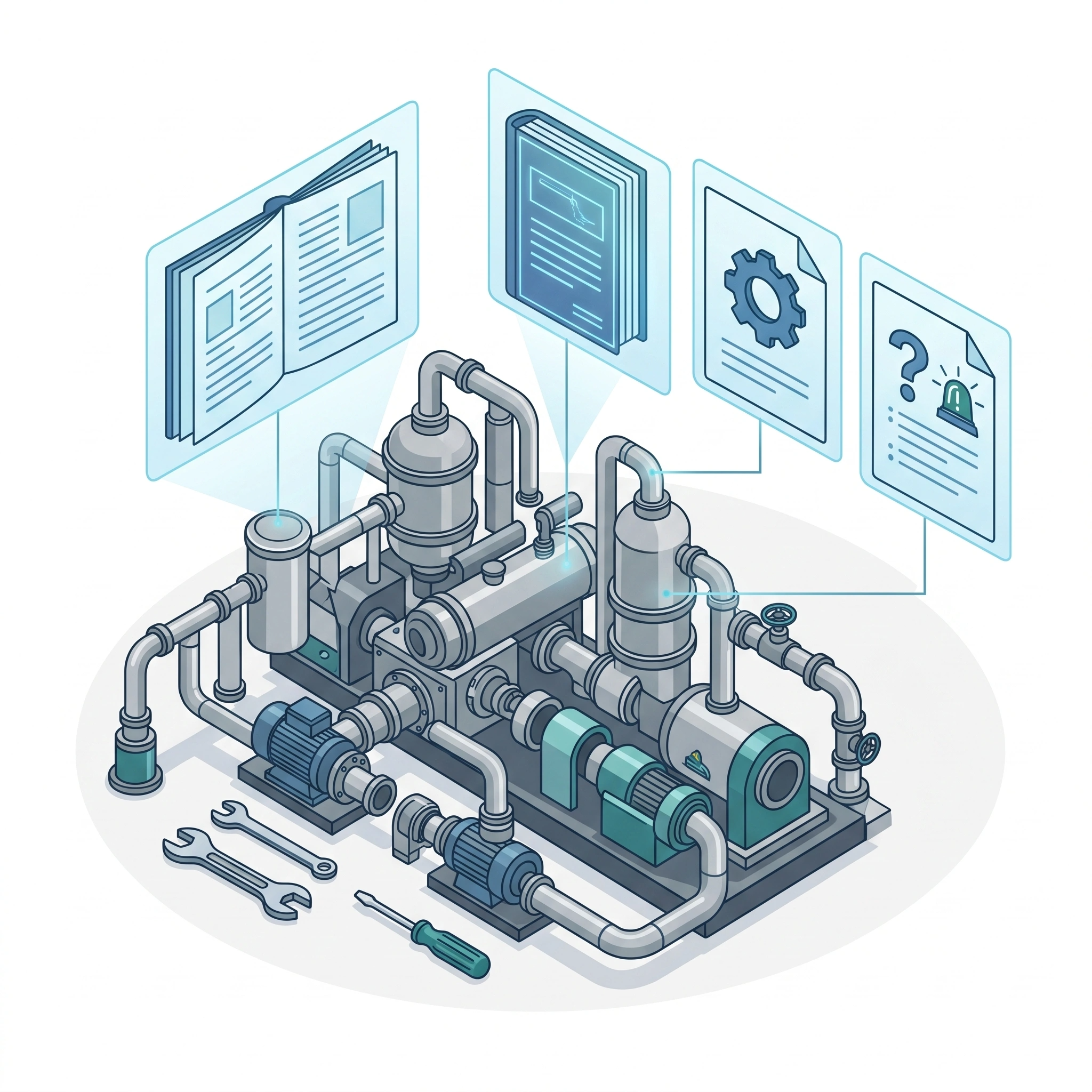 Industrial pump assembly with technical documentation, settings and troubleshooting panels.