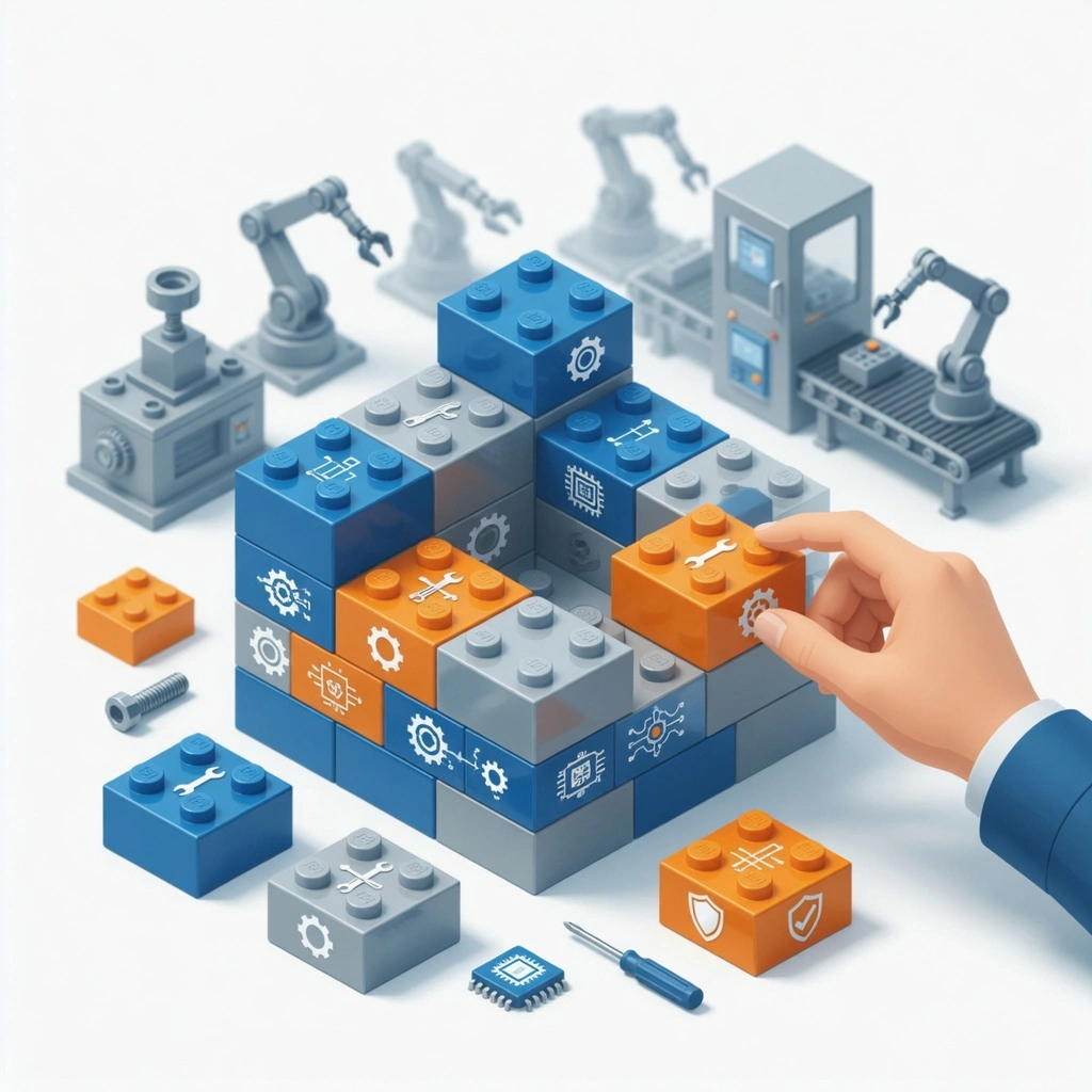 A hand assembles reusable technical-content blocks for personalized documentation beside factory robots.