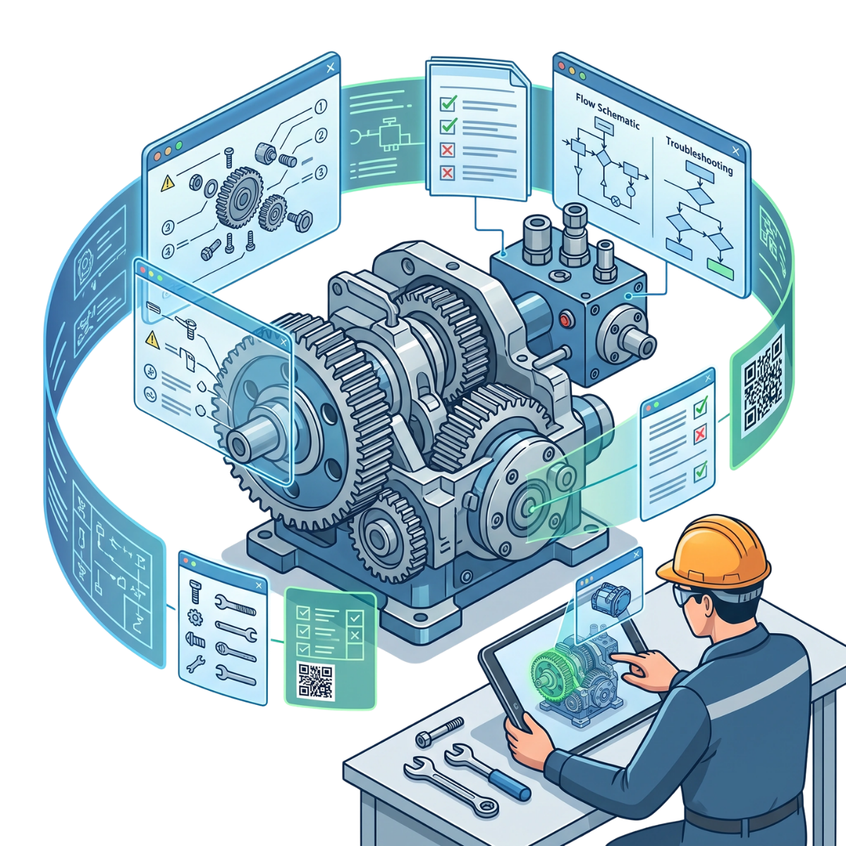 Technician viewing digital documentation, diagrams and maintenance information surrounding a mechanical assembly.