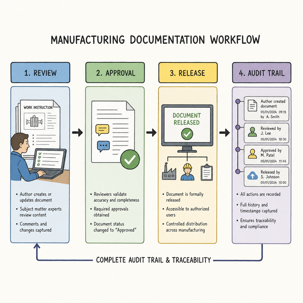 Manufacturing documentation workflow: review, approval and release, with an audit trail recording actions and timestamps.