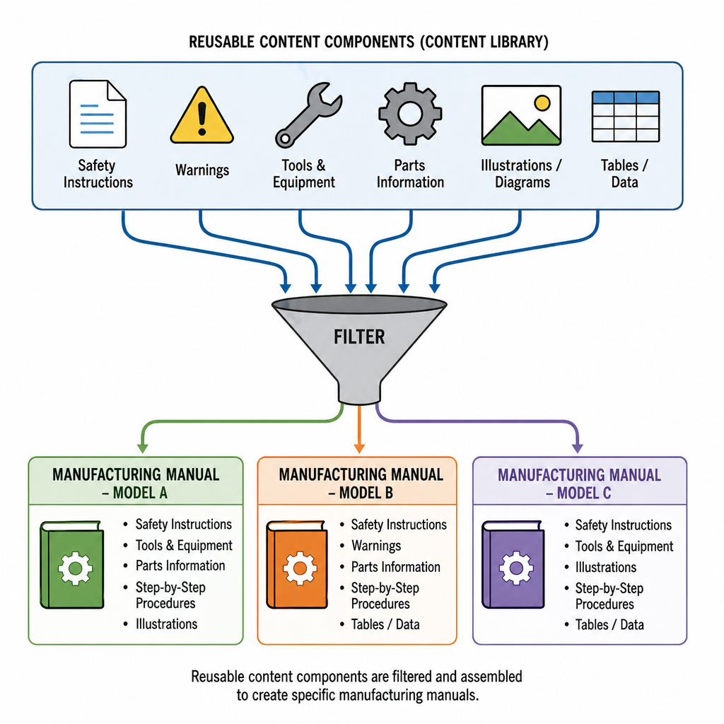 Reusable safety instructions, warnings, tools, parts, diagrams and data are filtered into manufacturing manuals for models A, B and C.