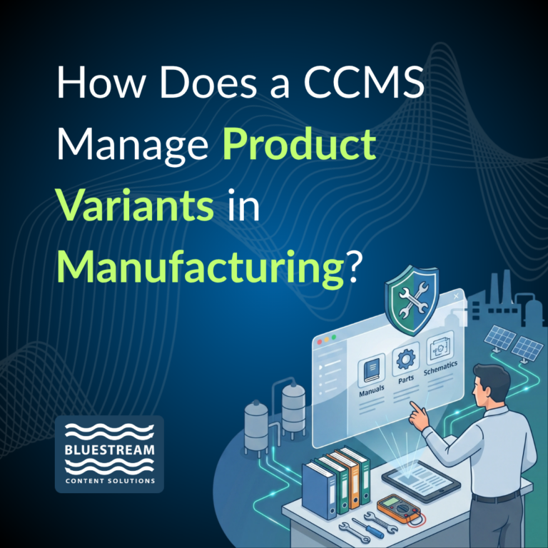 How does a CCMS manage product variants in manufacturing? Technician using a portal for manuals, parts and schematics.