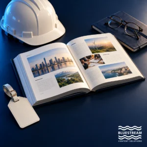 A shared reference book beside a hard hat, reading glasses and luggage tag represents documentation across industries.