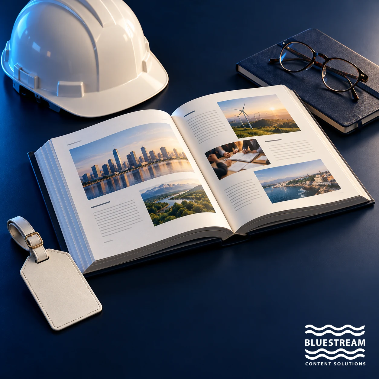 A shared reference book beside a hard hat, reading glasses and luggage tag represents documentation across industries.