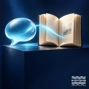 A glowing speech bubble beside an open reference book illustrates chatbots and documentation portals working together.