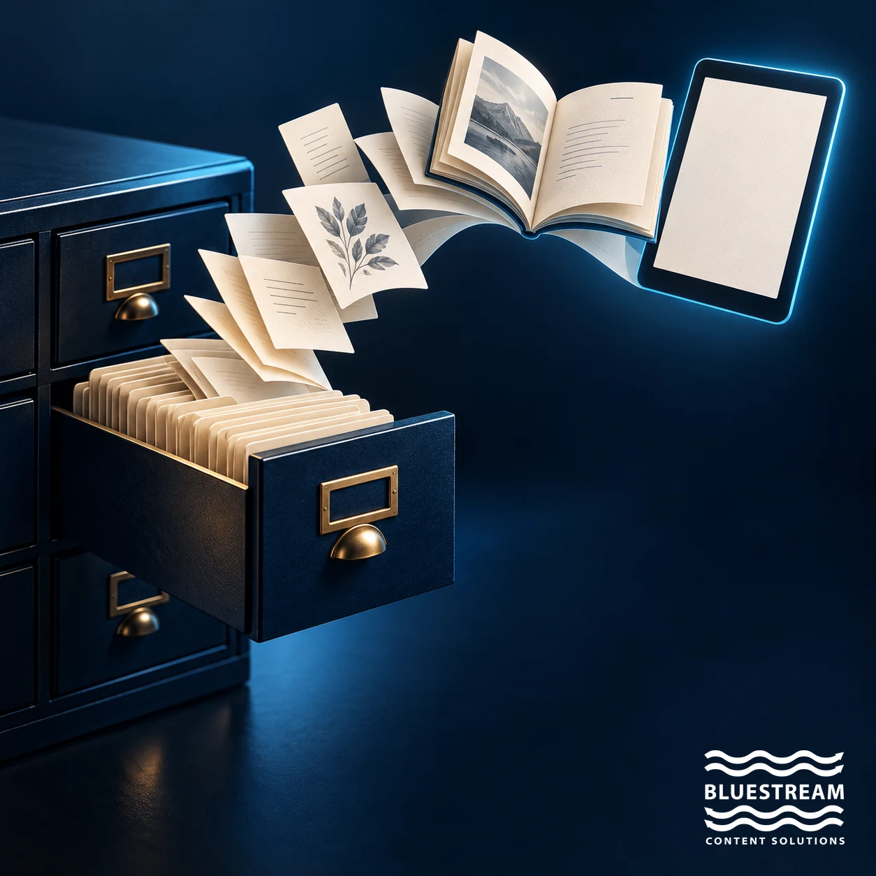 Content cards flow from an organized archive into a book and tablet, illustrating database-driven publishing.