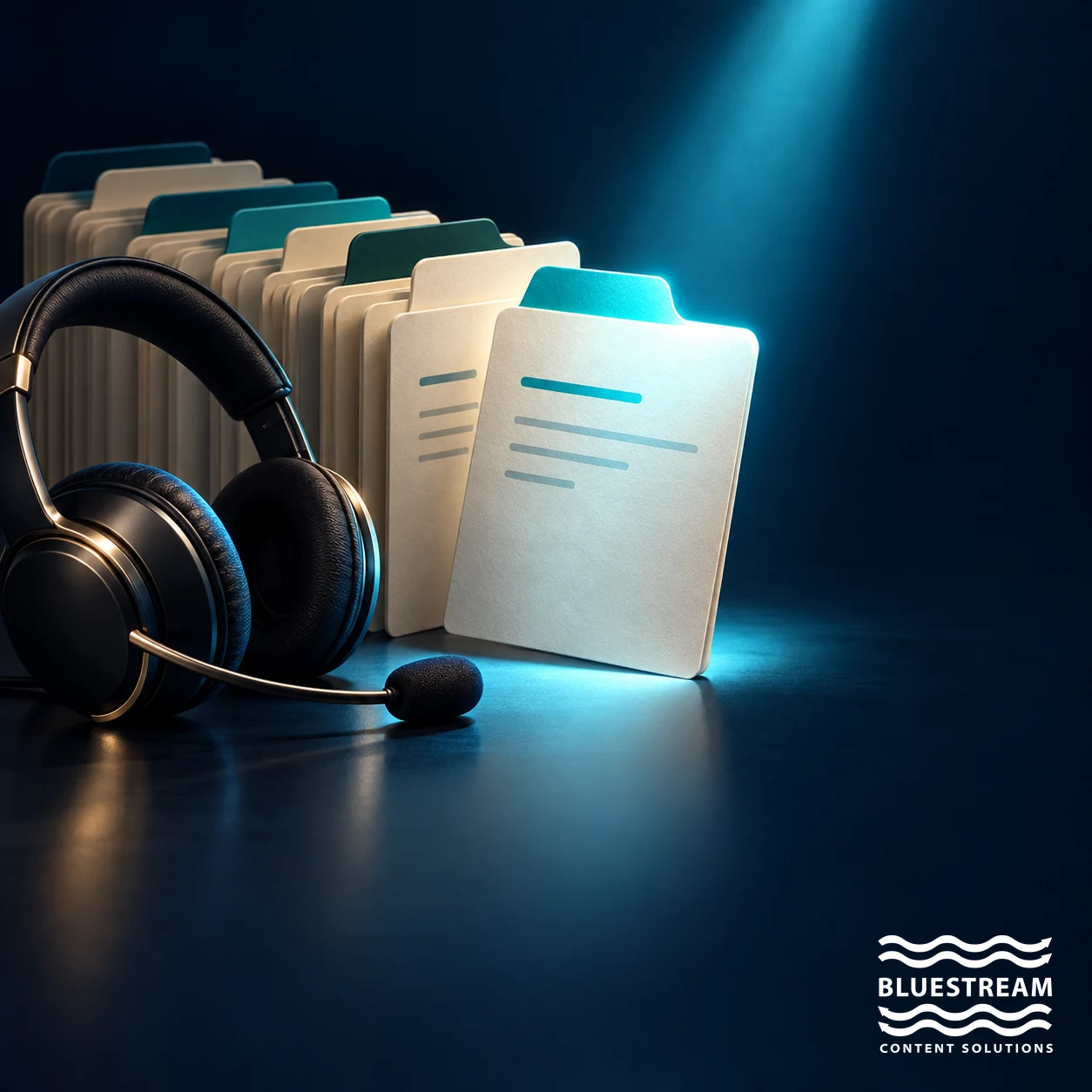 Support headphones beside neatly tagged reference cards illustrate metadata guiding AI-assisted support.