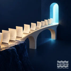 Structured topic cards cross a small bridge into one illuminated doorway, symbolizing DITA portal integration.