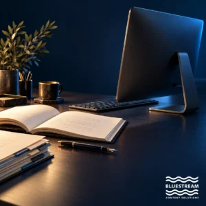 A desktop writing workspace with a manuscript and section dividers illustrates focused structured authoring.