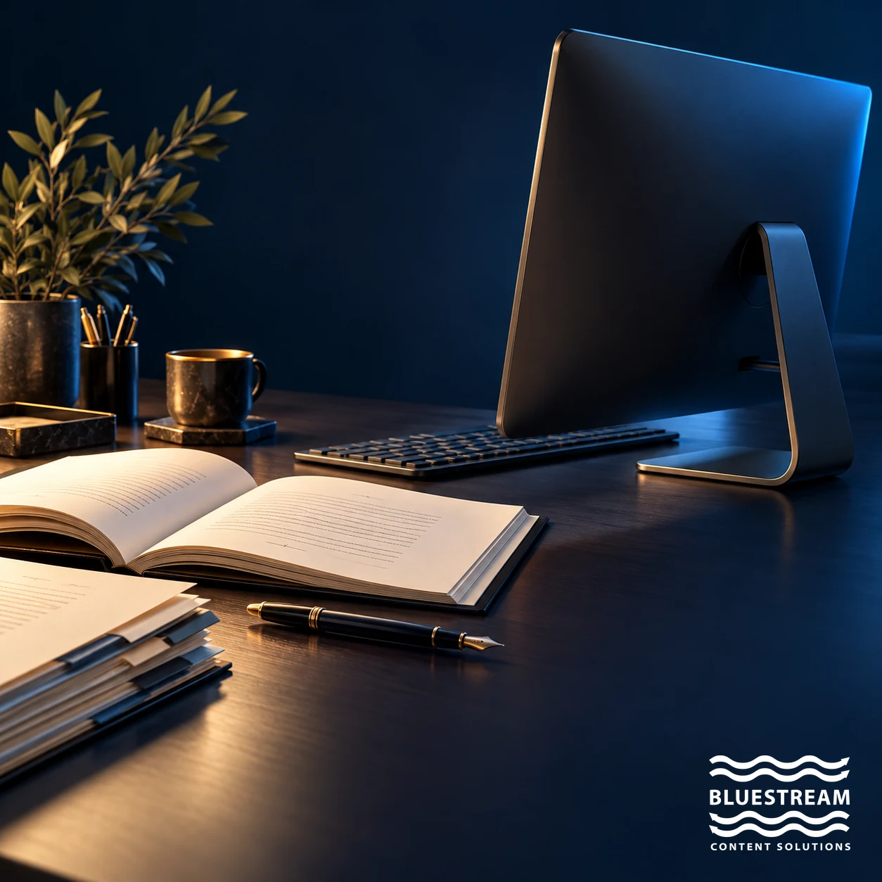 A desktop writing workspace with a manuscript and section dividers illustrates focused structured authoring.