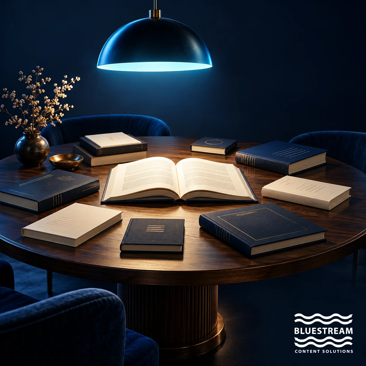 Several publications gather around one illuminated reference book, representing unified content delivery.