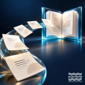 Modular content cards flow into an organized publication, representing DITA integration with a unified portal.