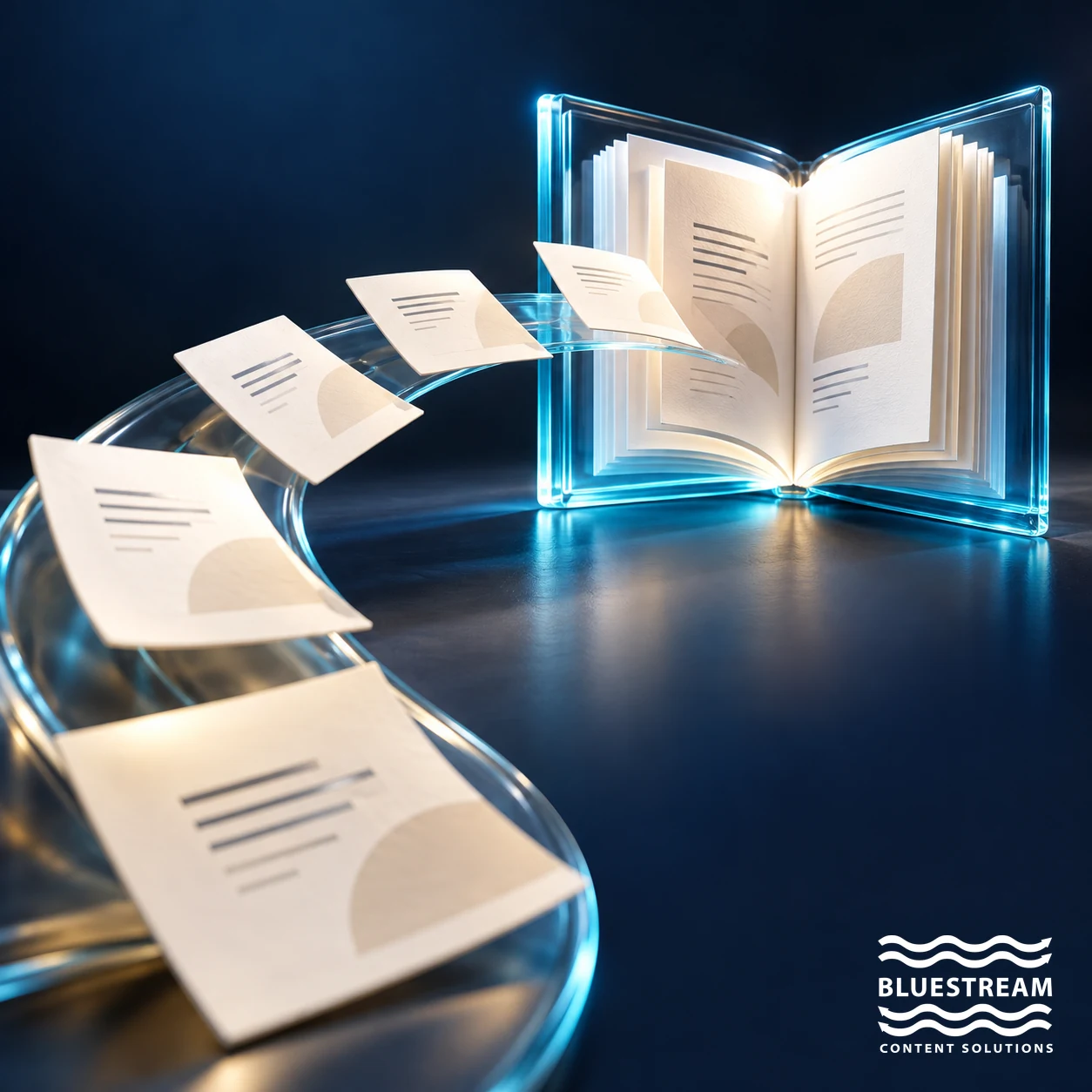 Modular content cards flow into an organized publication, representing DITA integration with a unified portal.