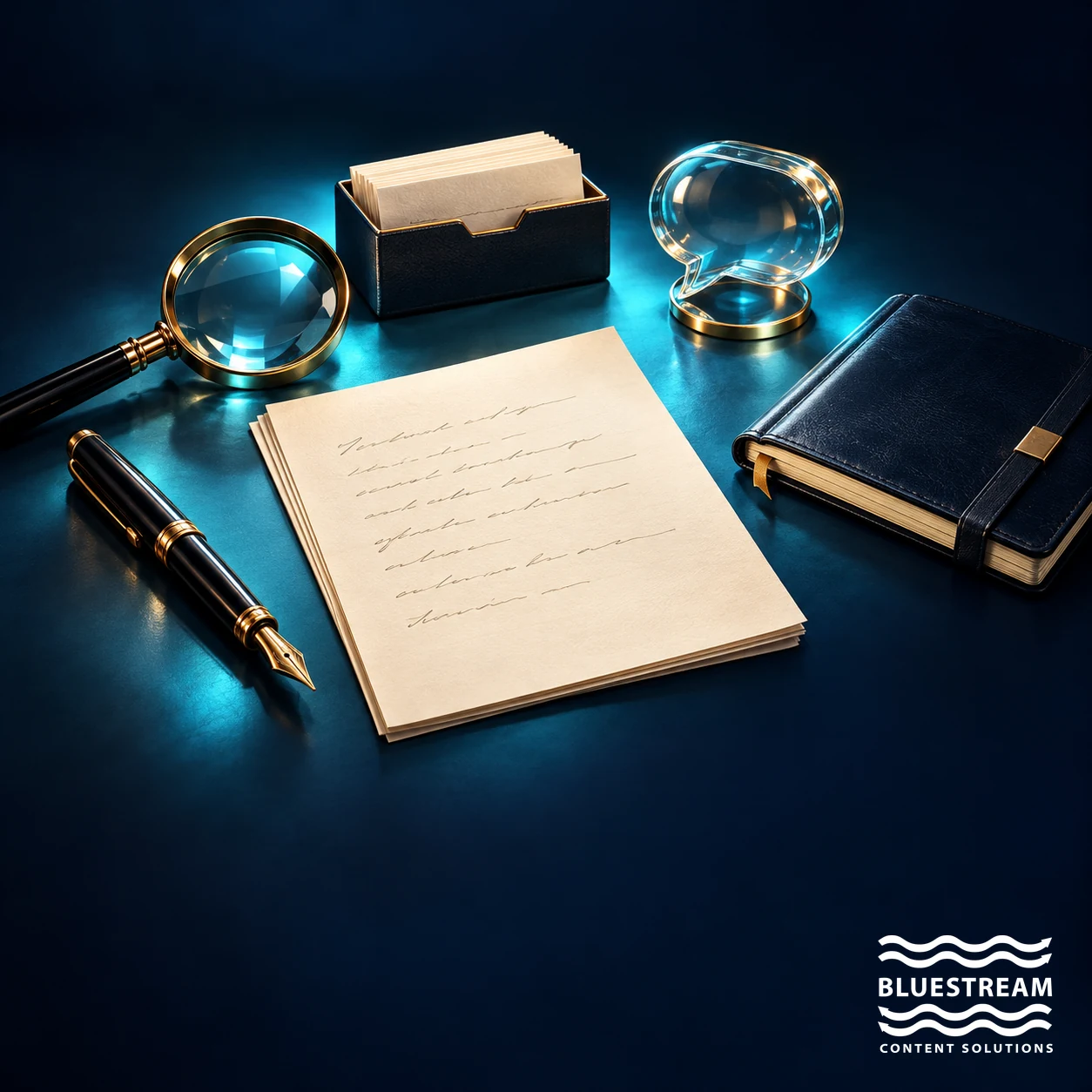 Five complementary writing objects surround a manuscript, representing an AI-assisted technical writing toolkit.