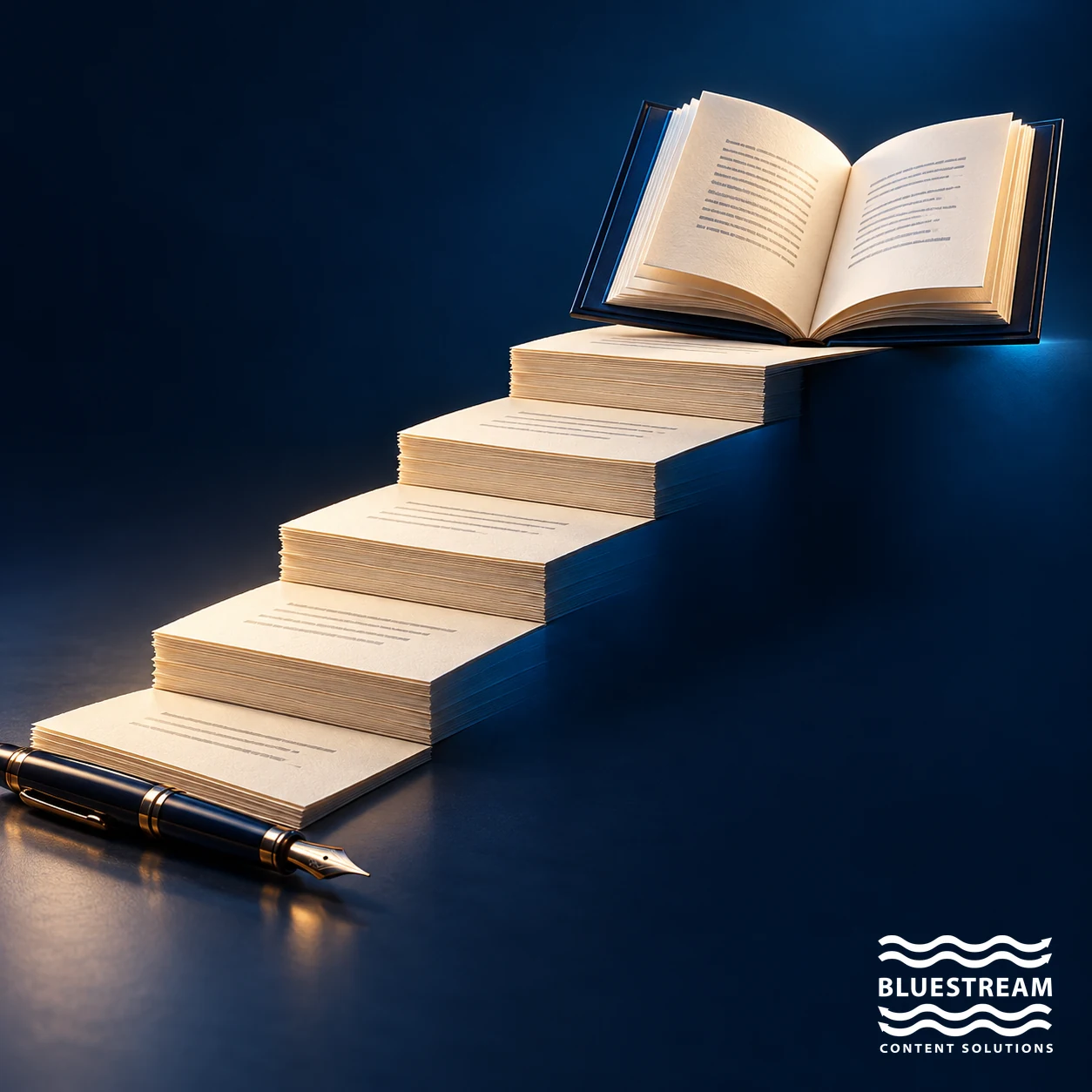 A staircase of manuscript pages leads to a finished manual, illustrating step-by-step DITA authoring.