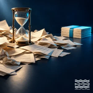 An hourglass beside scattered duplicate manuscripts represents the time cost of unstructured content.