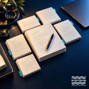 Carefully arranged manuscript sections and a desktop writing setup represent precise technical authoring.