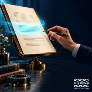 A writer reviews a manuscript illuminated by a cyan ribbon, symbolizing human-led AI-assisted documentation.