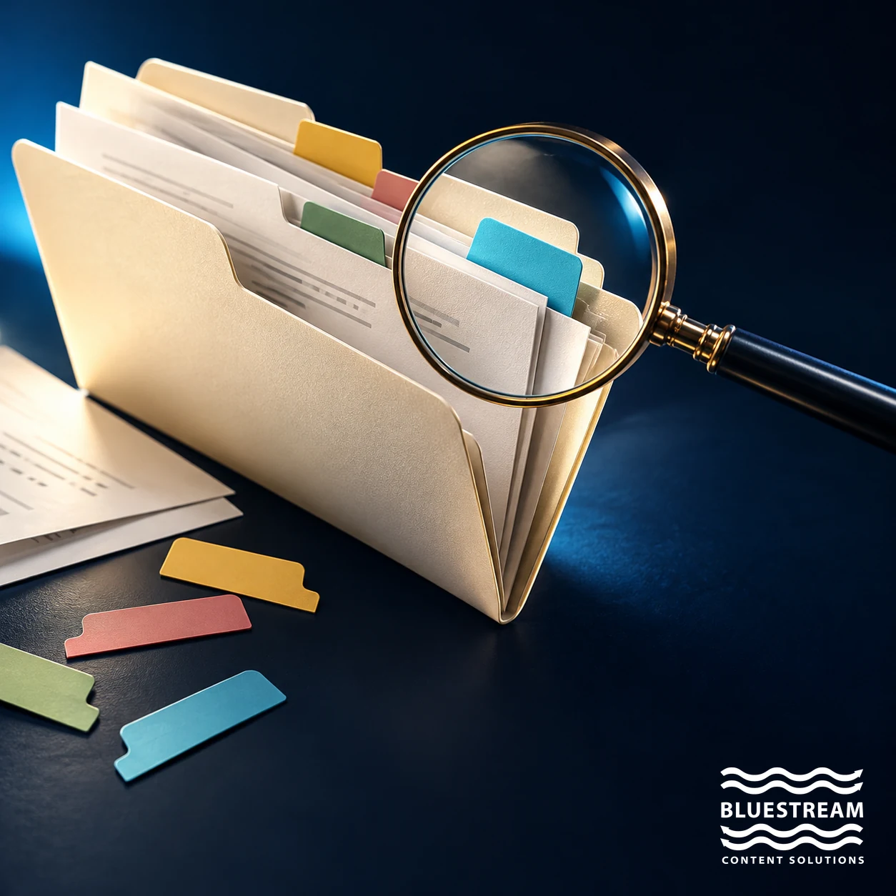 A magnifying glass highlights a misplaced document tag, representing common metadata mistakes.