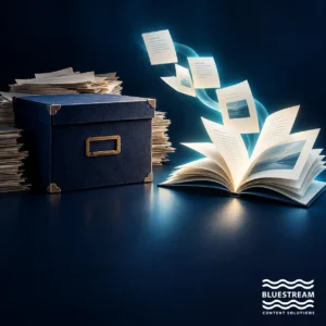An archive box and an unfolding topic-based publication contrast document storage with structured content delivery.