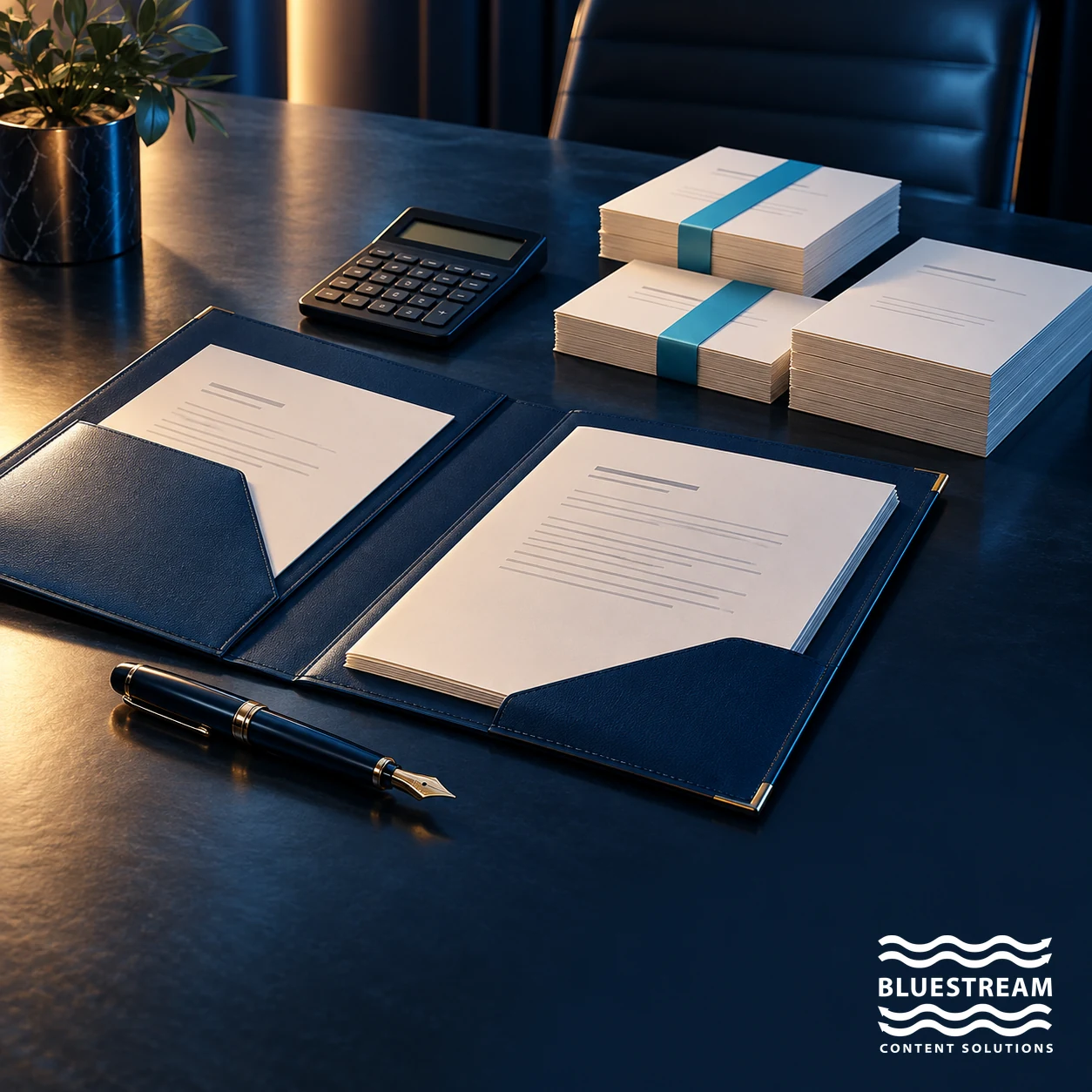 A presentation folder, calculator and organized documents illustrate building a CCMS business case.