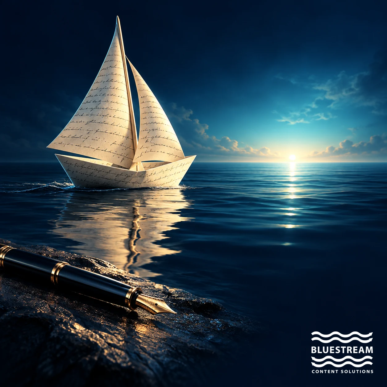 A manuscript-paper sailboat heads toward a cyan horizon, symbolizing the future of technical writing.