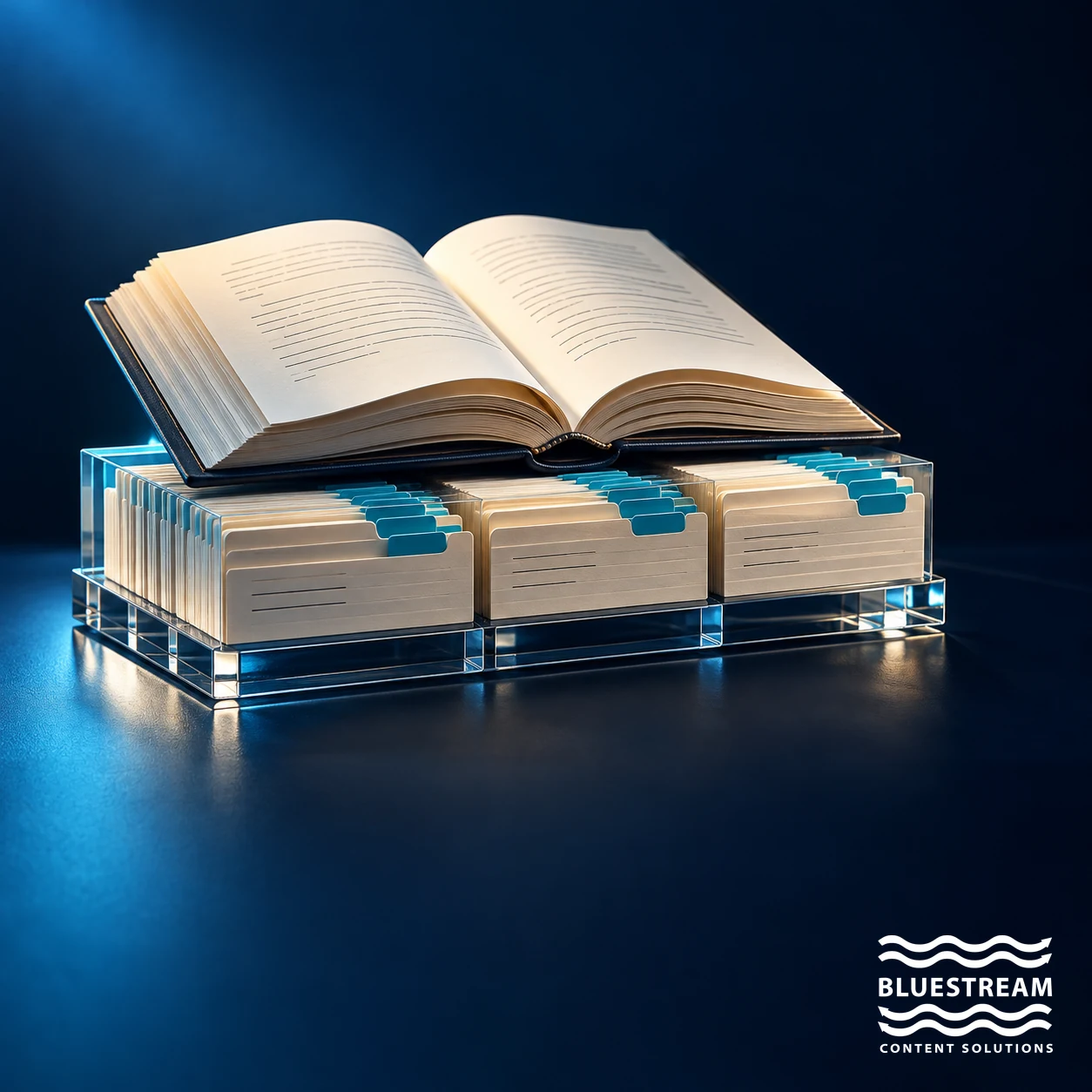 An open book rests on indexed topic cards, illustrating metadata as a foundation for smart documentation.