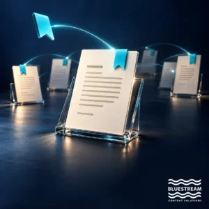 A cyan tag connects related document cards, representing AI-assisted tagging, findability and reuse.