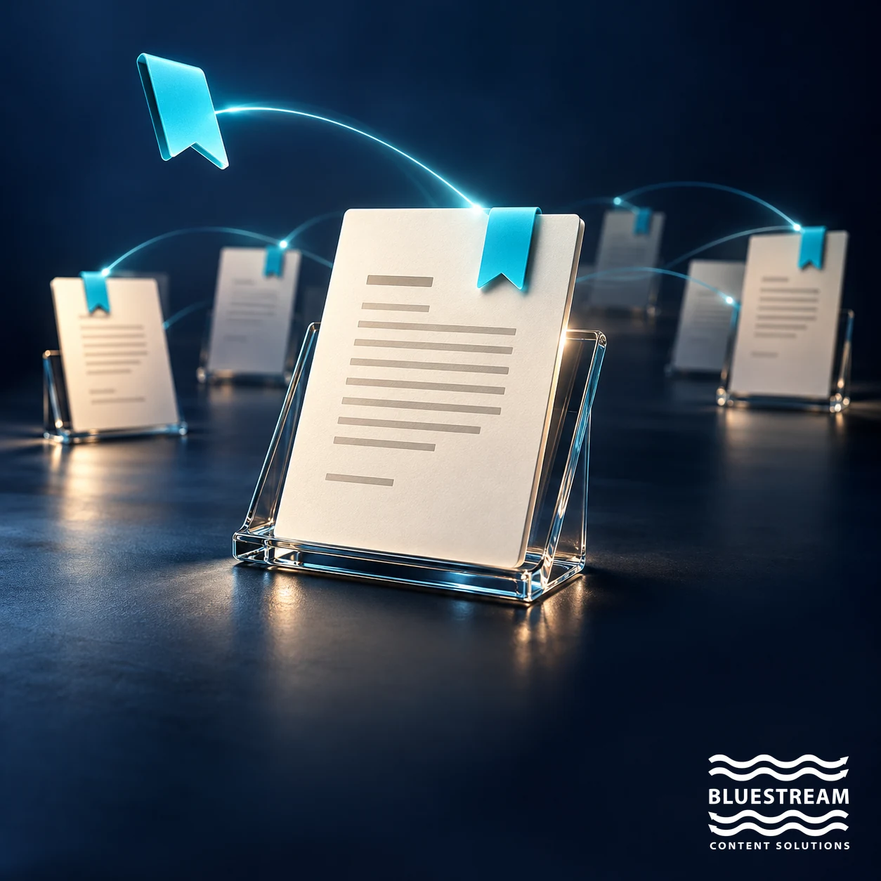 A cyan tag connects related document cards, representing AI-assisted tagging, findability and reuse.