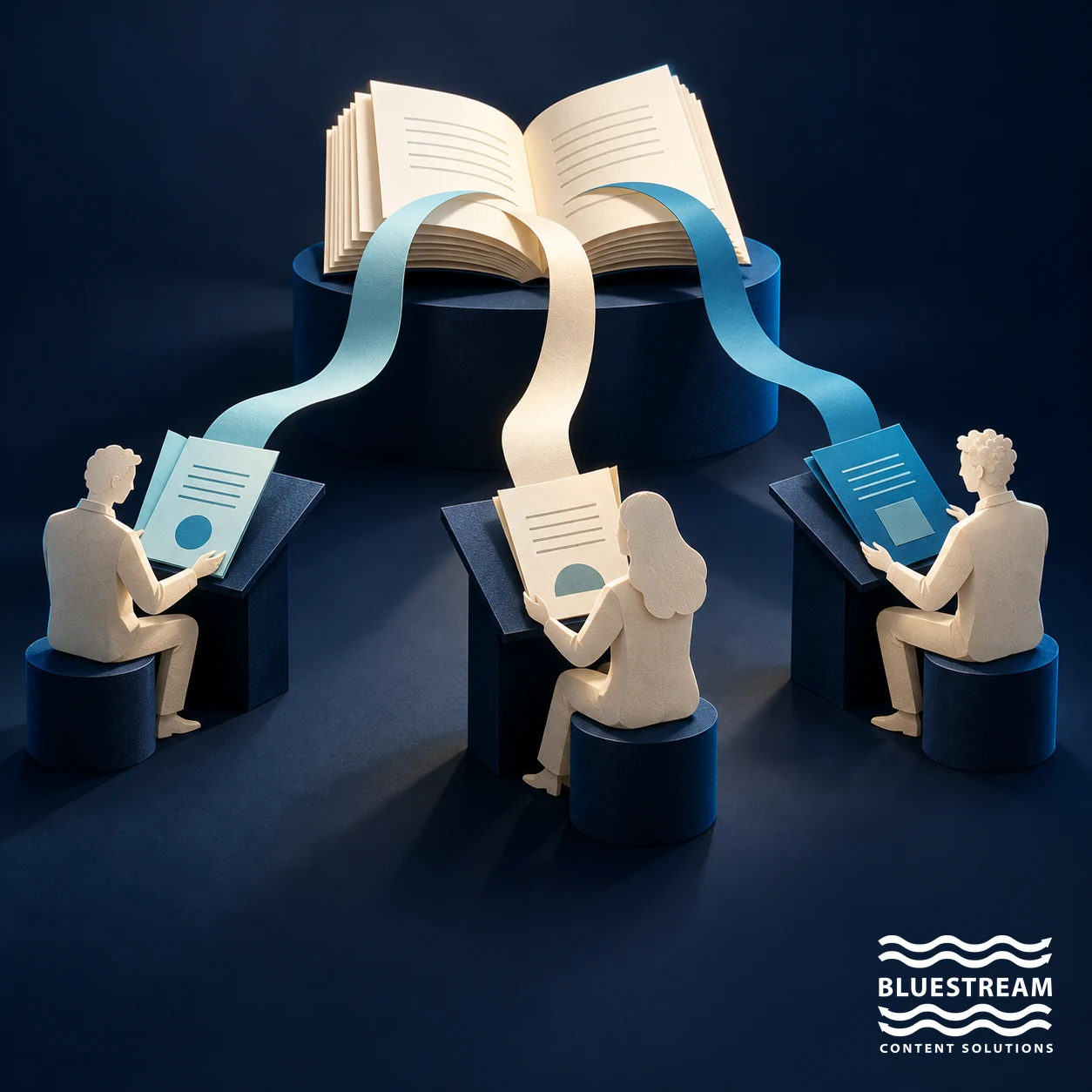 Three readers receive different sections from one shared source, illustrating personalized technical documentation.
