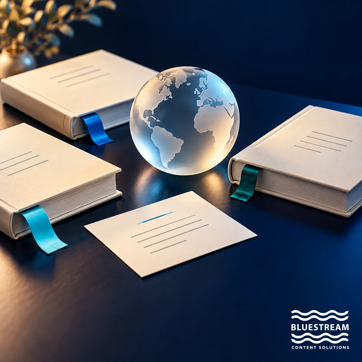 Matching manuals arranged around a glass globe represent documentation prepared for localization.