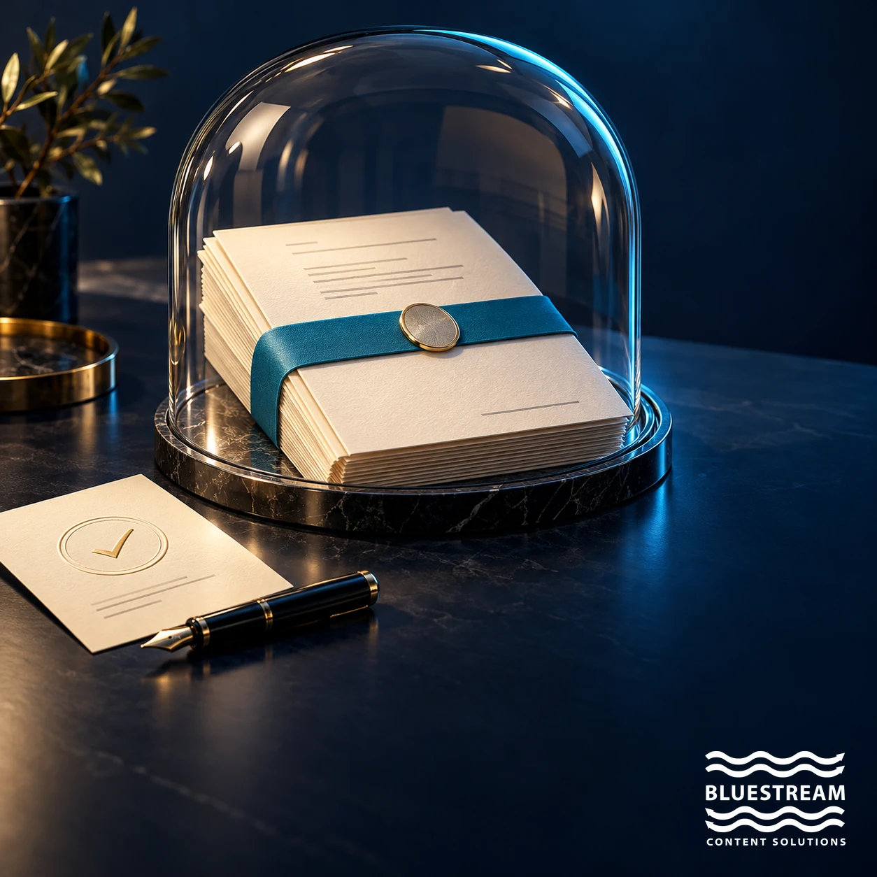 A protected document folio and approval card illustrate controlled documentation and traceability.