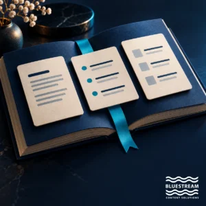 Three distinct topic cards in an open guidebook illustrate DITA's topic-based approach.