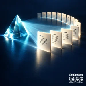 A cyan beam illuminates organized content modules, symbolizing structured documentation prepared for AI.