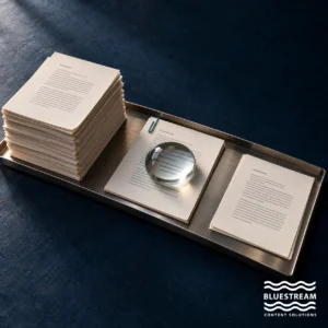 Manuscripts waiting in a review tray, illustrating a documentation review bottleneck.