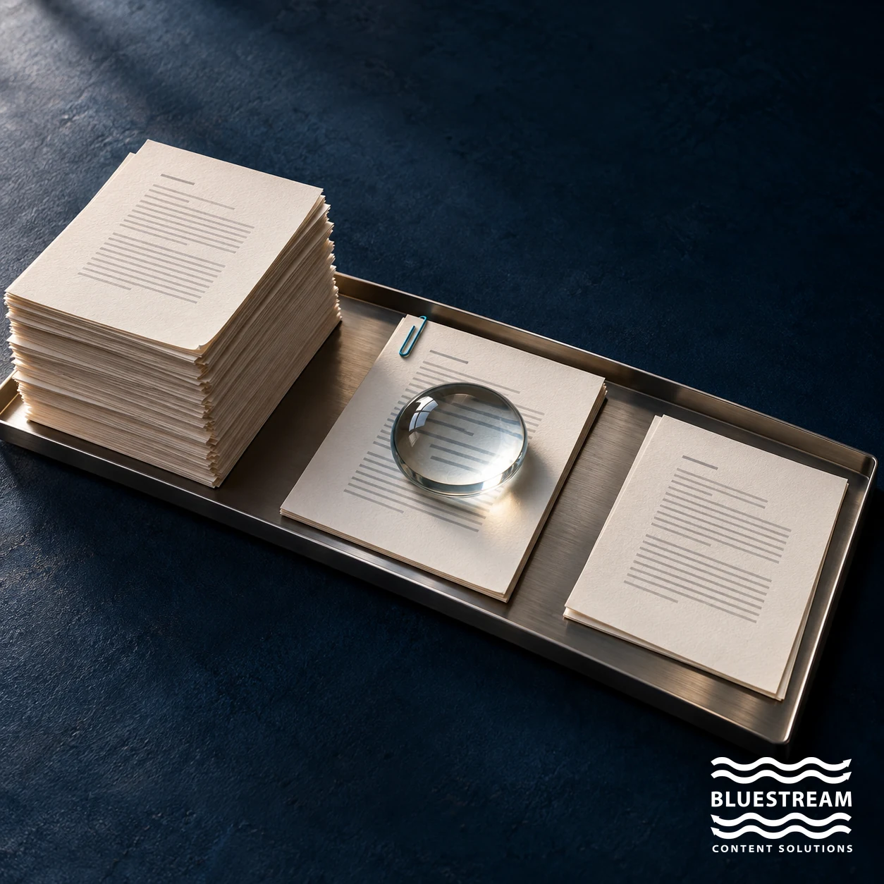 Manuscripts waiting in a review tray, illustrating a documentation review bottleneck.