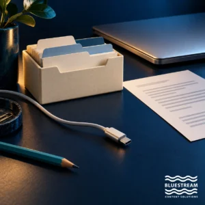 A writer’s laptop, organized source cards and a connection cable, illustrating access to documentation sources.