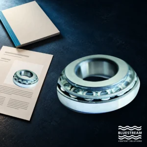 A real bearing photograph beside a conceptual parts catalogue and a page showing the same part.