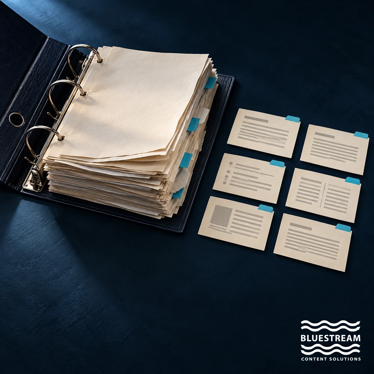 An open document binder beside separate reusable content cards.