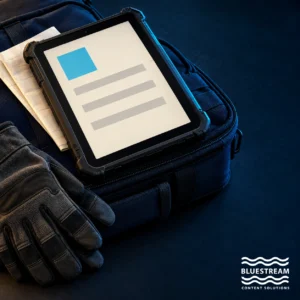 A tablet displaying a conceptual document beside work gloves and a field-service case.