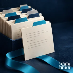 Indexed content cards with colored tabs, illustrating metadata that adds context to information.