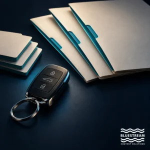 A vehicle key beside organized document folios and reusable content cards.
