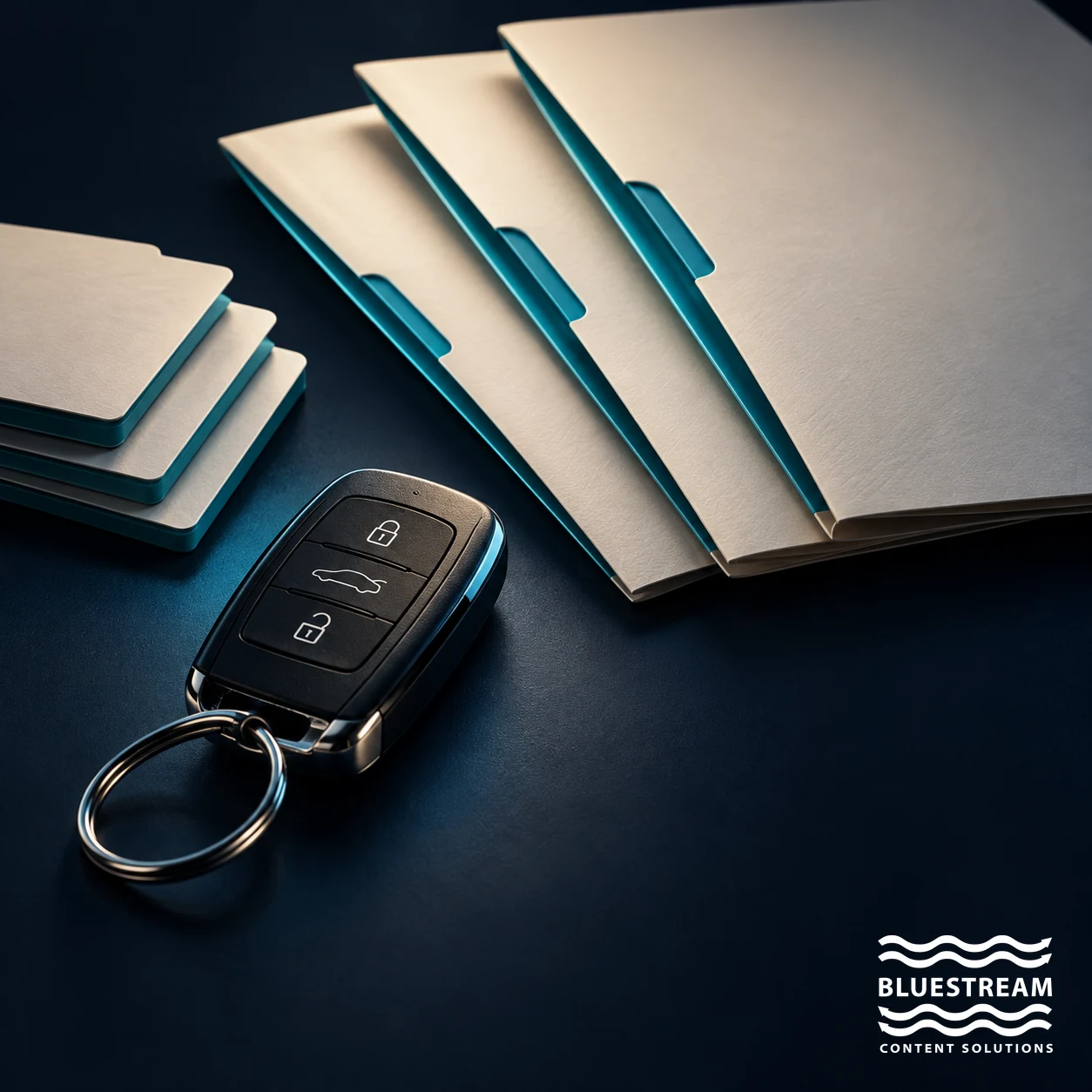 A vehicle key beside organized document folios and reusable content cards.
