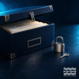 A document archive case with a padlock and key, illustrating access governance for technical content.