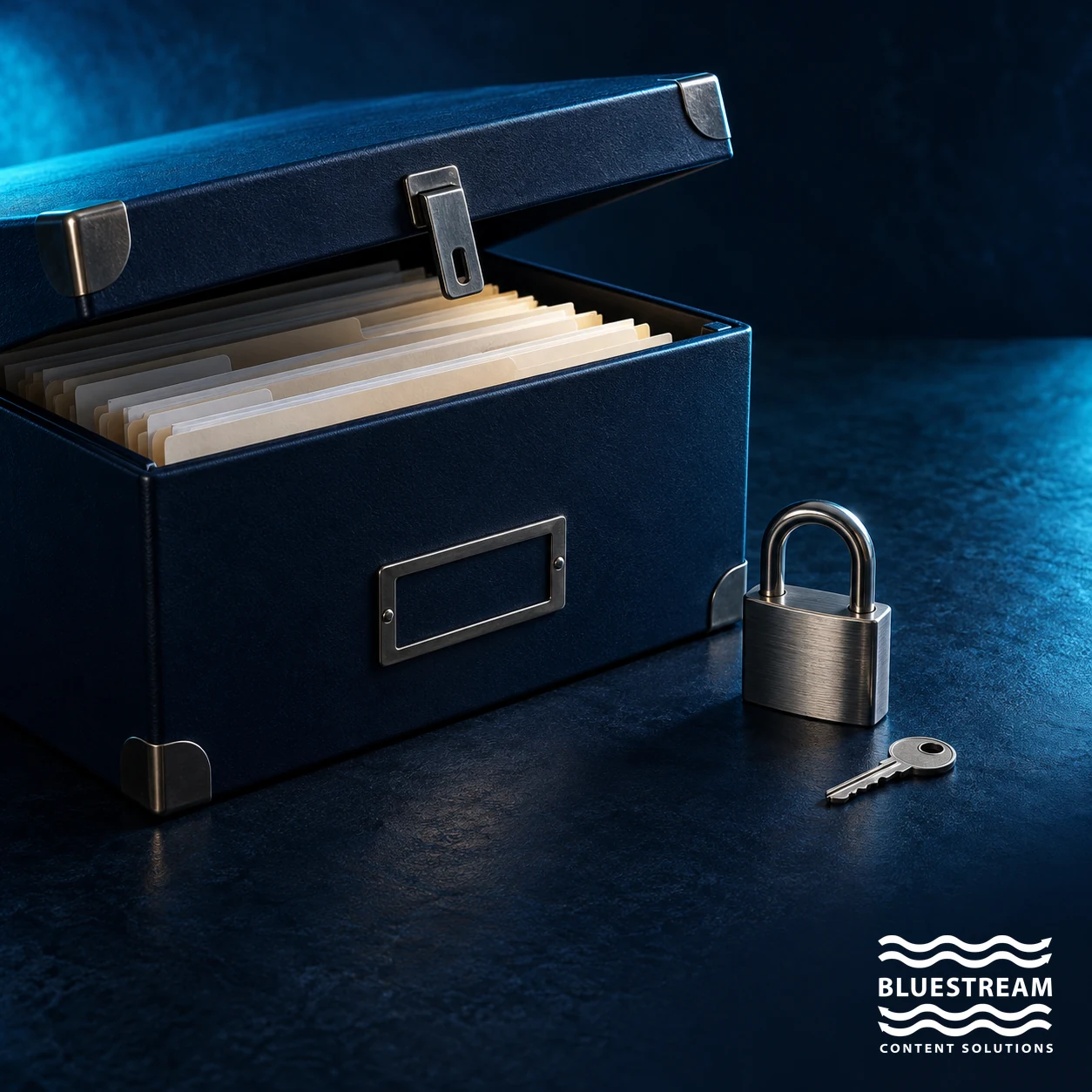 A document archive case with a padlock and key, illustrating access governance for technical content.
