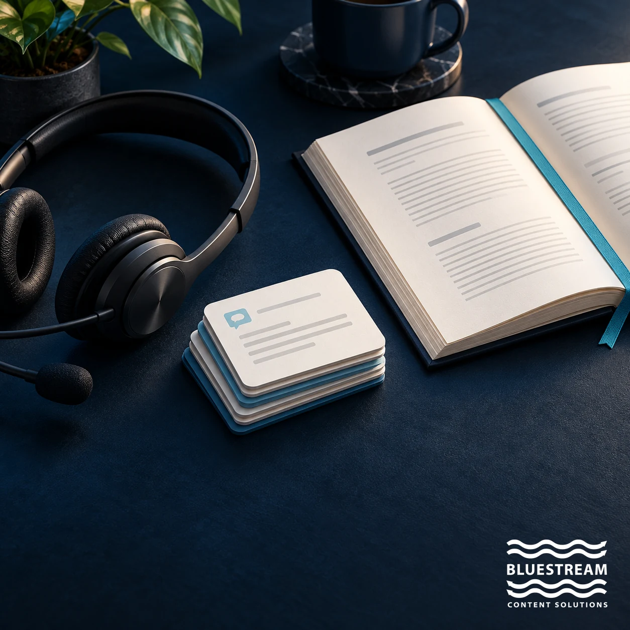 A support headset beside a reference manual and a stack of answer cards.